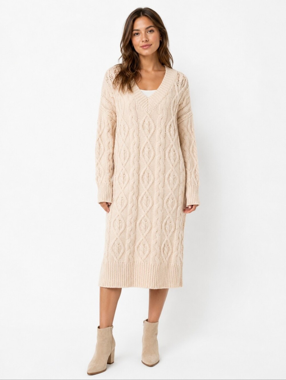 POL Cream Cable Knit Oversized V-Neck Sweater Dress NWOT